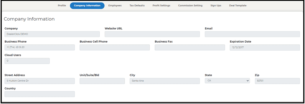 Company Information Tab