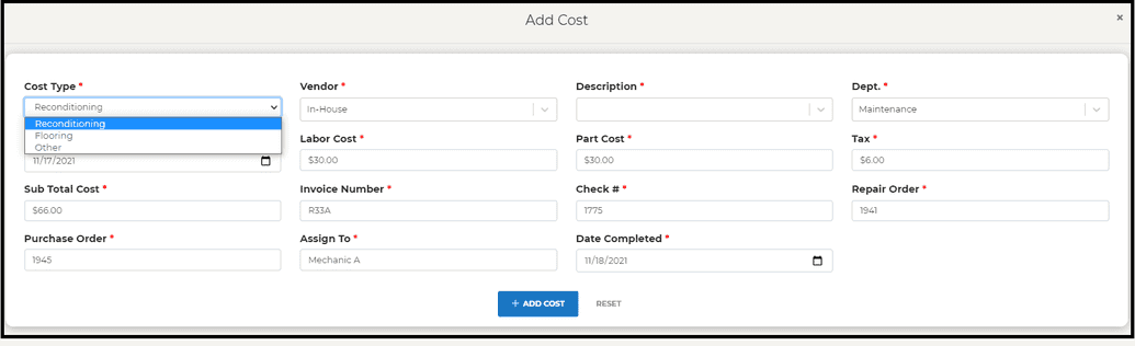 View Page Add Costs